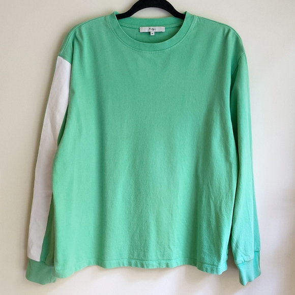 Tibi Tops - Tibi lightweight cotton sweatshirt in green with asymmetrical sleeve stripe